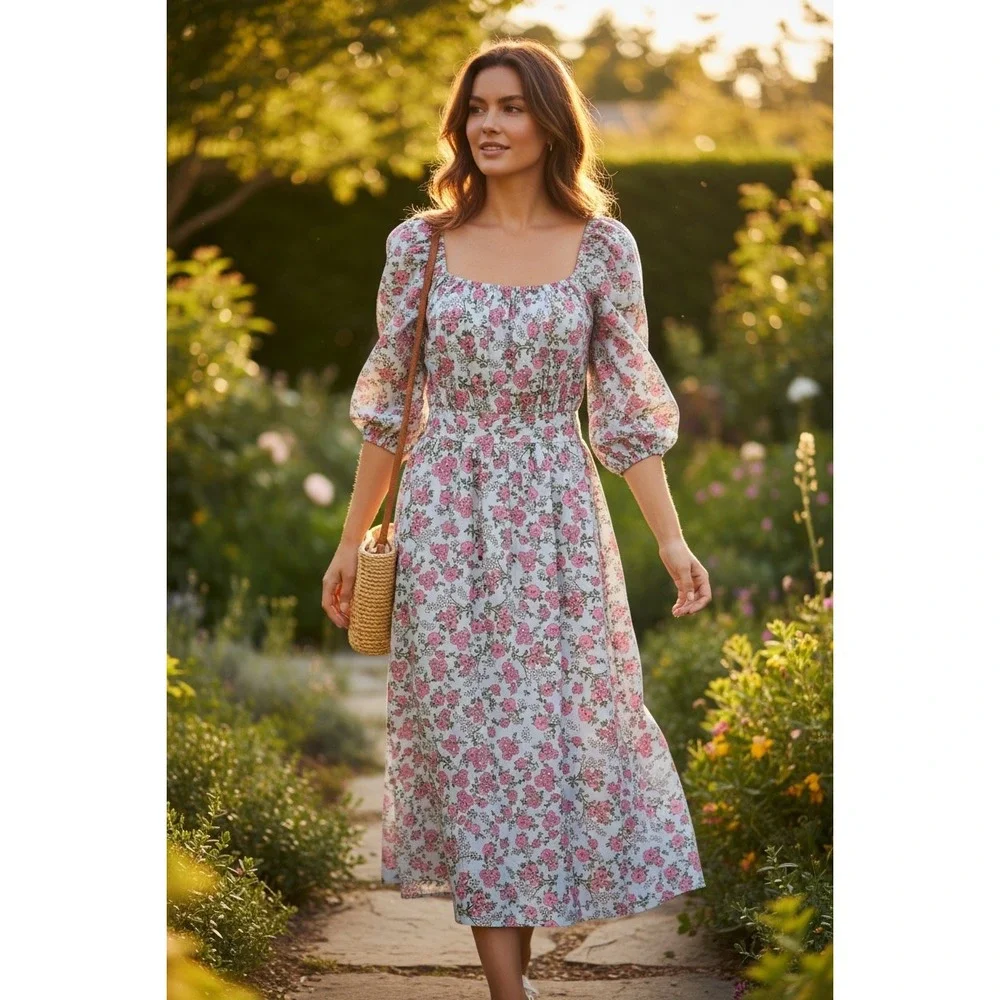 Umgee USA Blue Pink Floral Square Neck Smocked Cutout Midi Dress Women's Size M - Picture 1 of 4